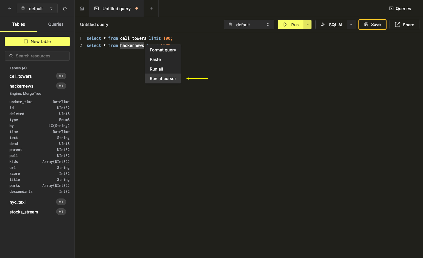 выполнение в позиции курсора
